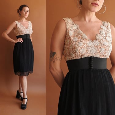 Vintage 60s Lace and Micro Pleat Cocktail Dress/ Size XS 25 