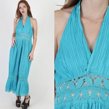 Teal Mexican Halter Dress / Floral Crochet Lace Dress / Vintage 70s Authentic Mexico Festival Dress / Pintuck Cotton Neck Tie Maxi 