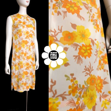 Cute & Comfy Vintage 60s 70s Yellow and White Floral Sleeveless Nylon Dress 