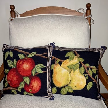 2 Beautiful 13” Lemons, Apples Custom Needlepoint Pillows ~ French Country Decor~ Hand Needlework~ vintage Farmhouse Decor 
