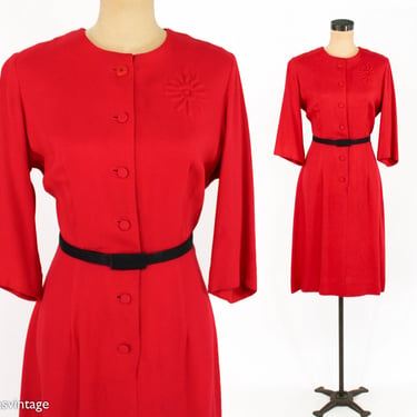 1950s Red Wool Dress | 50s Red Woven Wool Dress | Korell | Large 