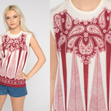 Boho Tank Top 70s Psychedelic Blouse Geometric Paisley Print Sleeveless Shirt Retro Hippie Op Art Summer White Red Vintage 1970s Medium M 