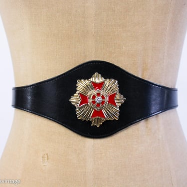 1980s Black Leather Gold Medallion Belt | 80s Black Cowhide Leather Belt | Pierre Cardin 