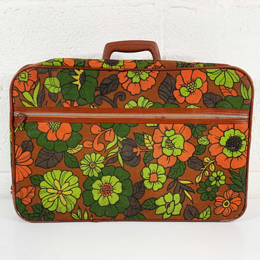 Vintage Small Suitcase Luggage Brown Flower Power Carry On Floral Case Bag Makeup Overnight Travel 1970s 1960s Mod Kawaii 