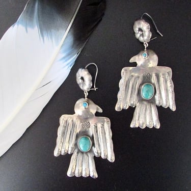 FEDERICO JIMENEZ Large Silver & Turquoise Thunderbird Earrings | Fred Harvey Era Style Bird Dangle Earrings | Mexican Oaxacan Southwestern 