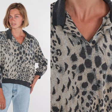 Animal Print Sweatshirt 90s Collared Sweatshirt Brown Black Leopard Print Sweater Retro Slouchy Vintage 1990s Alfred Dunner Extra Large xl 