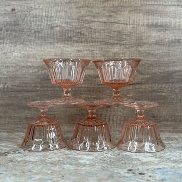 Anchor Hocking Colonial Pink, Knife and Fork Pattern, Set of 5 Sherbets Vintage Glass 