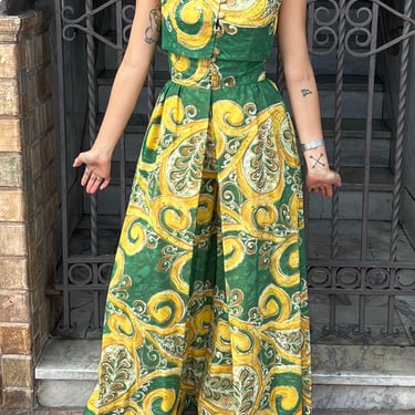 60s Green and Yellow Batik Two Piece