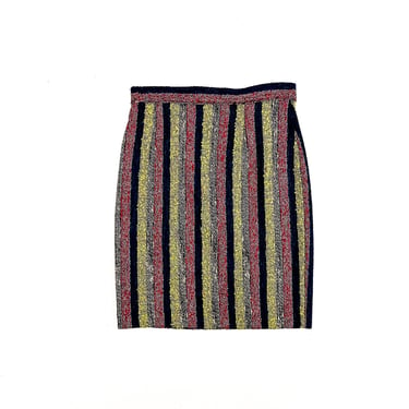 1990s Christian Lacroix Boucle Tweed Stripe Pencil Skirt / Lime Green / Navy Blue / Burgundy / Textured / 28 Waist / The Nanny / Ab Fab / M 