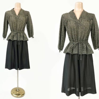 VINTAGE 1970s Black and Metallic Gold Lurex Peplum Dress | 70s Sexy Secretary Dress | Vintage Disco Dress vfg 