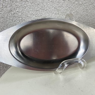 Vintage MCM small oval platter tray stainless steel with teal wood handles size 12” 