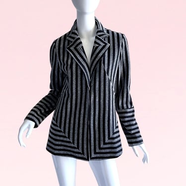 Radiate Retro Chic: Unleash Your Inner Diva with our 1970s Vintage Metallic Silver Mod Geometric Striped Jacket 