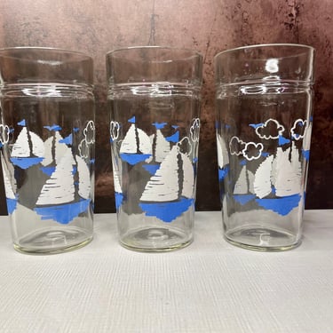 Set of 3 Vintage Sailboat Glass Drinkware Tumblers | MCM, Mid Century bar 