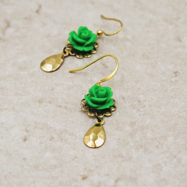 Green Rose Earring, Flower Earring with Brushed Gold Teardrop, Garden Gift, 1970s Whimsical Jewelry 