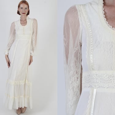 Gunne Sax Bridal Lace Sleeve Maxi Dress / 70s Cream Jessica McClintock Floral / Tiered Simple Bohemian Wedding Long Gown 