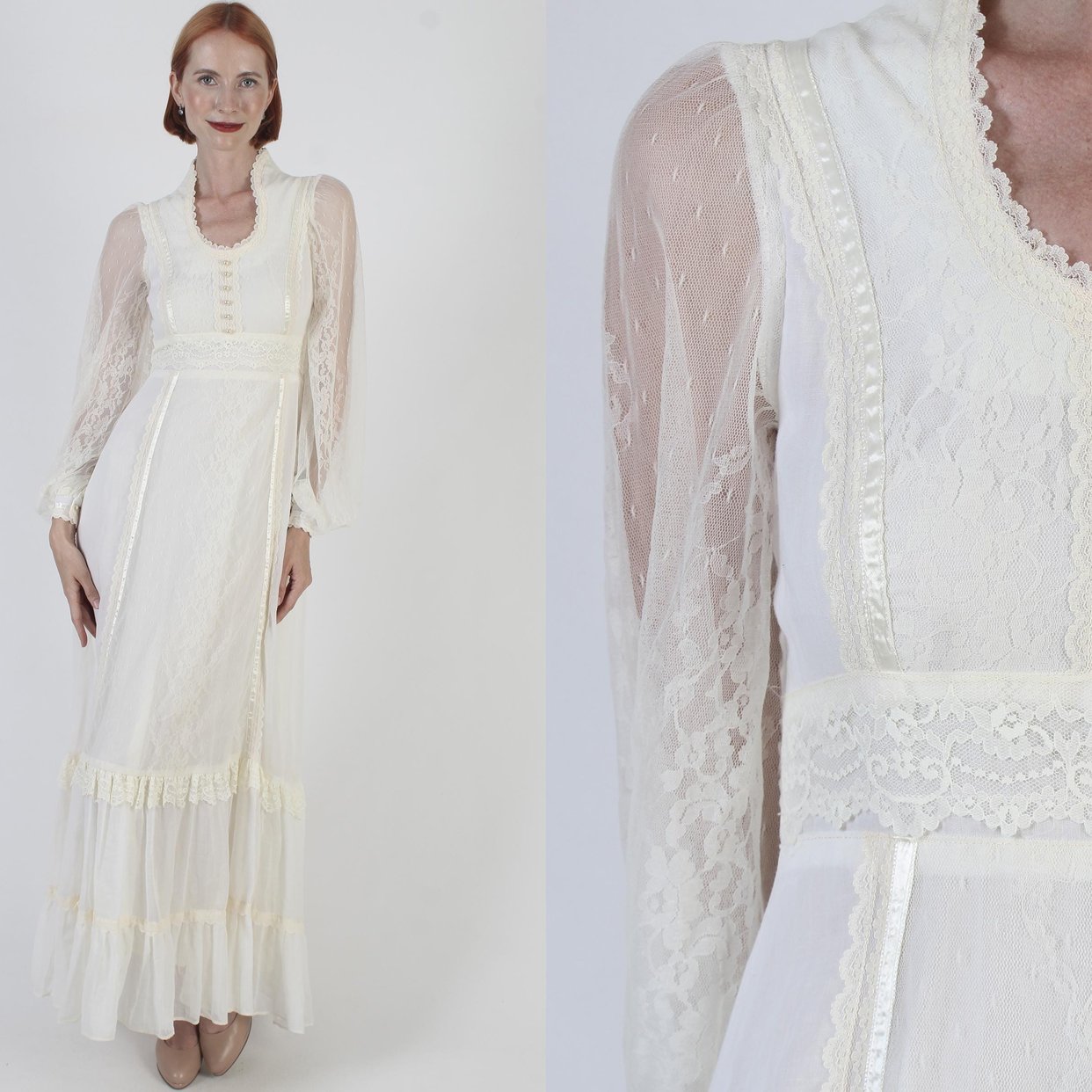 Gunne Sax Bridal Lace Sleeve Maxi Dress / 70s | American Archive - San ...