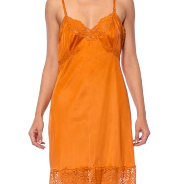 1960S Burnt Orange Nylon Tricot Jersey Lace Trimmed Slip Dress 