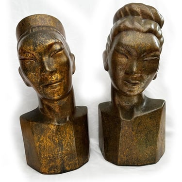 1950s Vintage Ceramic Asian Couple Bust Statue Set Mid Century Gold Man Woman MCM Statues Pottery Figurines Art Decor People Heads 