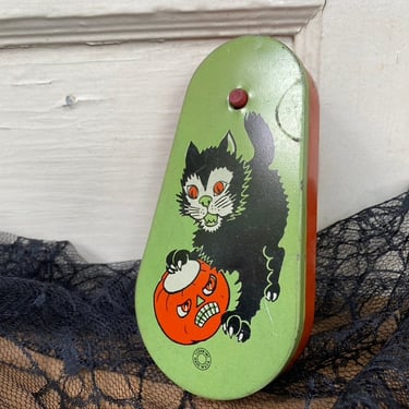 Vintage T Cohn Green Black Cat Ratchet Noisemaker, Tin Litho Cat And JOL 