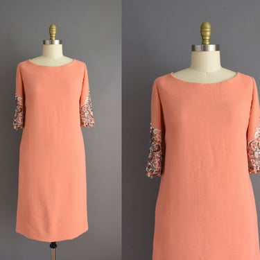 vintage 60s dress | Gorgeous Apricot Silver Beaded Cocktail Party Winter Dress | Medium 