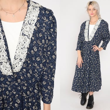 Floral Granny Dress 90s Blue Midi Dress Lace V Neck Layered Secretary Dress Puff Sleeve Flower Print Retro Boho V-Neck Vintage 1990s Medium 