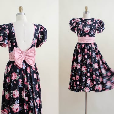cute cottagecore dress | 80s vintage Alfred Angelo low back black pink fit and flare princess big bow cotton puff sleeve dress 
