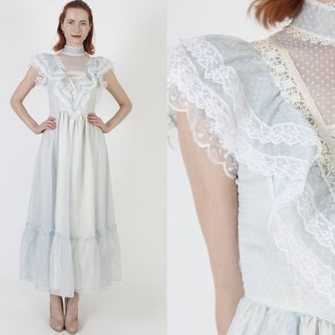 70s Light Blue Swiss Dot Bridal Dress / Ruffle Lace Country Gown / Plain Victorian Antique Wedding 