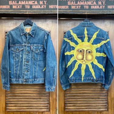 Vintage 1970’s Painted Levi’s Denim Trucker Jacket with Sun Artwork Detail, 70’s Jean Jacket, Vintage Clothing 