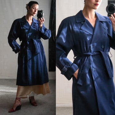 Vintage 70s LONDON FOG Navy Double Breasted Belted Trench Coat w/ Swooping Back Vent | Made in USA | 1970s Designer Water Resistant Jacket 