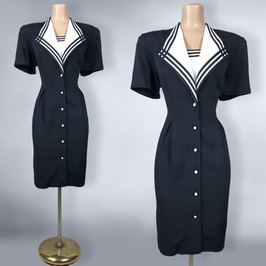 VINTAGE 80s does 40s Black & White Nautical Pencil Dress By SL Fashions Sz 14 | 1980s Sexy Wiggle Pin-Up Sailor Dress Plus size Volup | vfg 