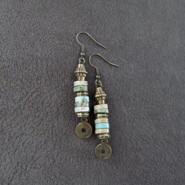 Asian coin earrings, turquoise and bronze 