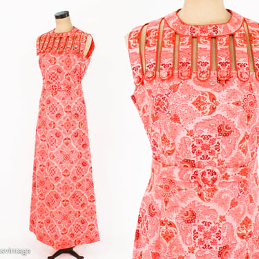 1970s Orange Cotton Maxi Dress | 70s Orange Print 100% Cotton Maxi | Becky Naples Florida | Medium 