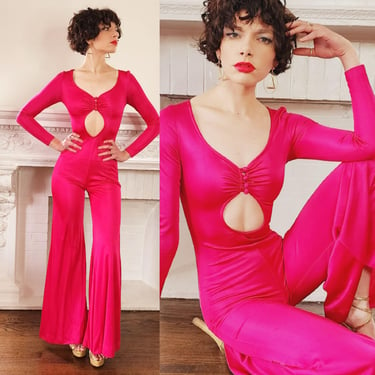 70s Fuschia Pink Disco Jumpsuit in Polyester Satin, Long Sleeves & Bell Bottoms - S 