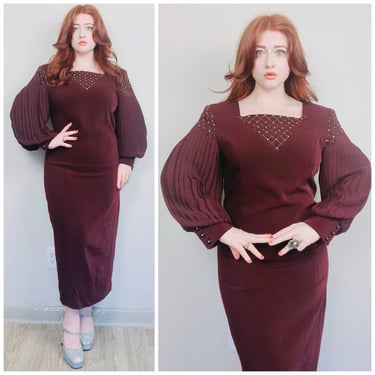 1980s Vintage Lisa Rene Acetate Chocolate Brown Party Dress / 80s Beaded Pleated Balloon Sleeve Gown / Size XL 