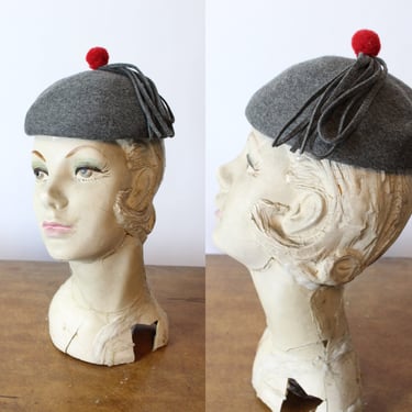 1950s GRAY red pom pom hat beret | new fall 