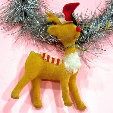 VINTAGE: Old Blown Flocked Plastic Reindeer - Deer - Buck - Animal - Ornament - Holiday, Christmas, Xmas 