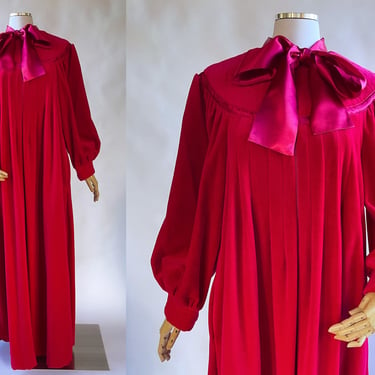 Vintage 80s-90s Long Red Zip Front Robe, Warm House Dress, Pajama Gown by Saybury ILGWU, USA Made Size Medium | Christmas, Holiday, Grandma 