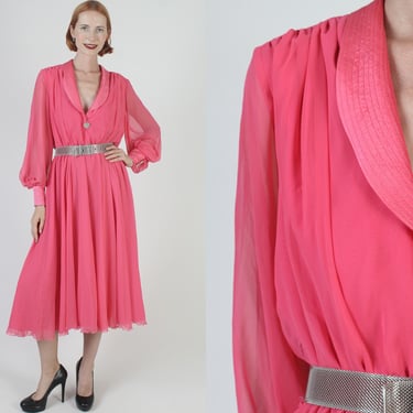 Hot Pink Chiffon Party Dress, Long Sheer See Through Sleeves, Vintage 70s Monochrome Full Skirt Cocktail Gown 