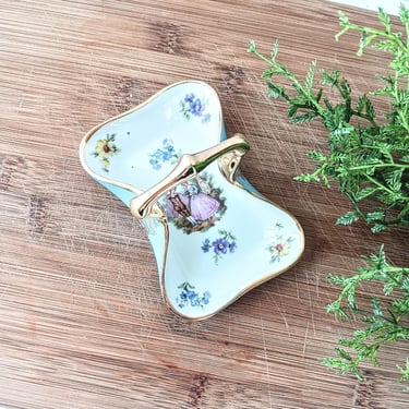 Mini Vintage Limoges France Porcelain Gathering Basket with Gold Accents/ Floral Courting Couple Trinket Ring Dish/ Country Cottage Core 