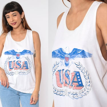 USA Eagle Tank Top 90s Patriotic Graphic Tee Shirt Faded Red White Blue Sleeveless Biker Top Olive Branch Arrow 1990s Retro Medium Large 