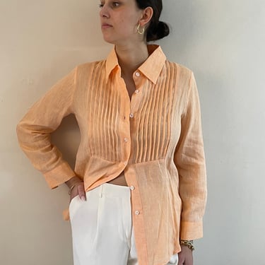 90s Italian linen blouse / vintage semi sheer blush peach woven linen pleated bib nipped waist tuxedo tunic blouse | Medium - Large 