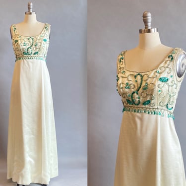 1960s Beaded Satin Gown / Best & Co Beaded Gown / 60s Wedding Gown /  Size Small 
