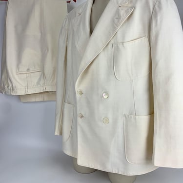 1930's Double Breasted Linen Suit - PALM BEACH - Peak Lapels - Flat front Button Fly Trousers - Men's LARGE 43 Reg ... 37-1/2 Inch Waist 