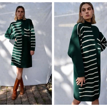 Vintage Sweater Dress / Hunter Green and White Stripe Pocket Sweater Dress / Oversized Sweater / Cozy Winter Dress 1980's Dress 