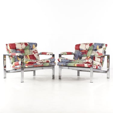 Milo Baughman Style Mid Century Chrome Flatbar Lounge Chairs - Pair - mcm 