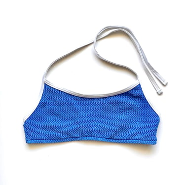 Vintage 80s Ruched Halter Crinkle Swimsuit Top Blue White 