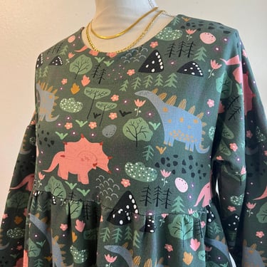 Love Vivienne Green Dinosaur Print Long Sleeve Tiered Midi Dress Size Small 