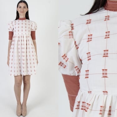 High Waisted 60s Babydoll Dress, Mod Micro Mini Checker Print, Mid Century Go Go Embroidered Frock 
