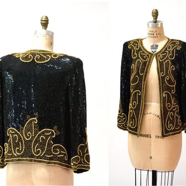 Vintage Black Sequin Gold Beaded Jacket Size Medium//  90s Black and Gold Beaded Metallic Jacket size Medium Silk Paisley Sequin Jacket 