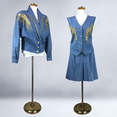 VINTAGE 1980s Embellished Denim Culotte Shorts, Vest and Jacket Set by City Girl XL 1X | 80s 3 Piece New Wave Western Jean Shorts Suit | VFG 